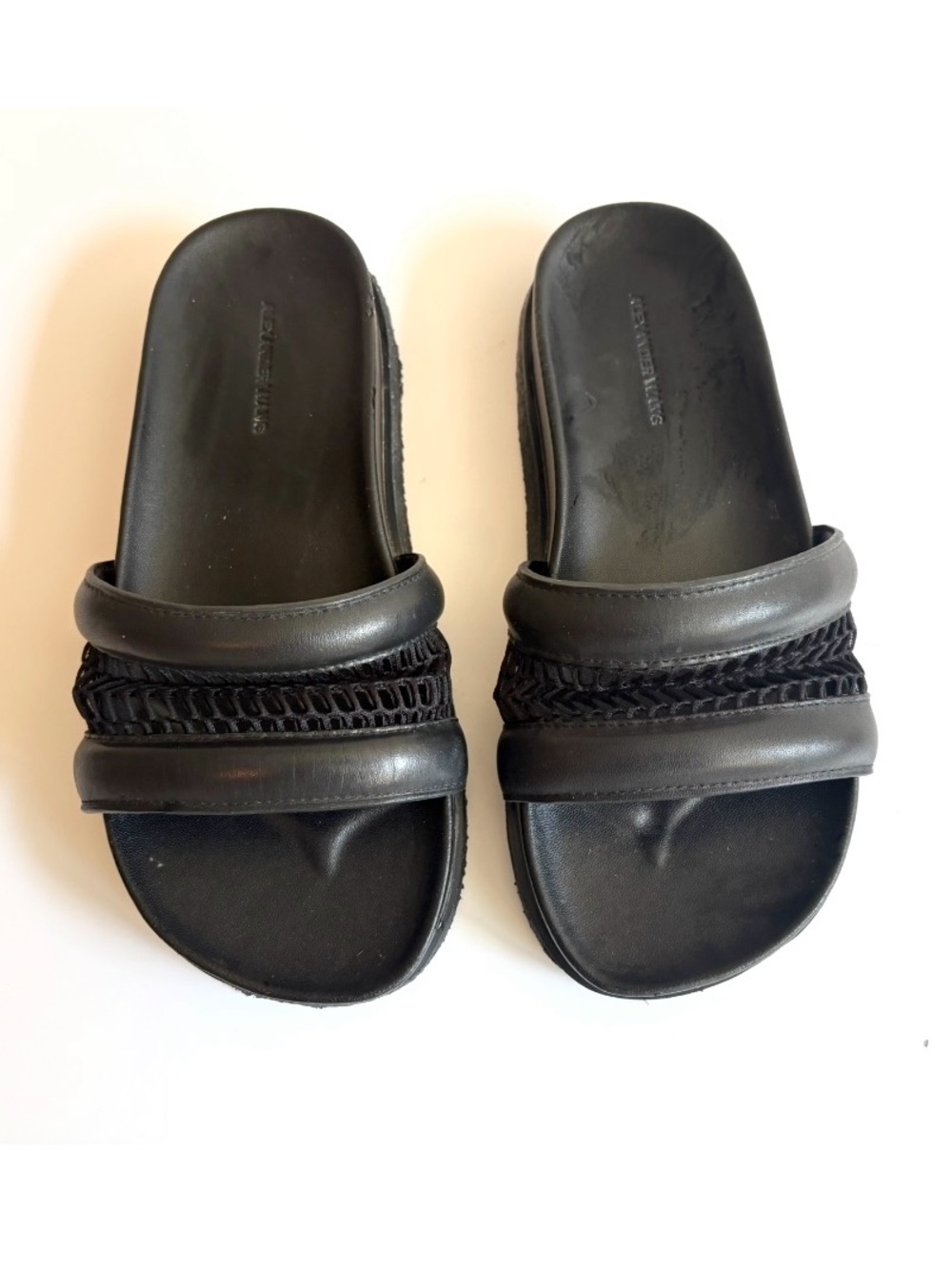 Alexander Wang Jac Mesh Leather Slides Sandals Black Size 7 Monochrome Luxury